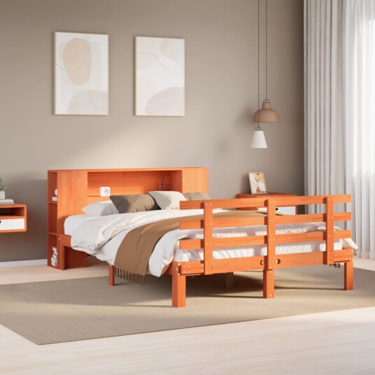 Seng med bokhylle uten madrass voksbrun 120x190 cm heltre furu 8721158615077