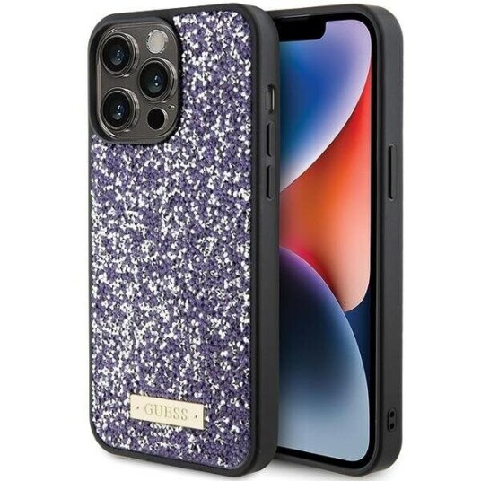 Guess Hardcase til iPhone 15 Pro 6,1" med Rhinestone og Metalllogo - Lilla