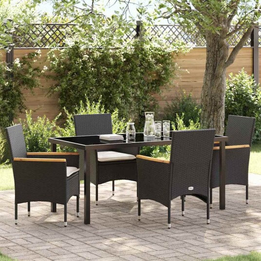 5-delt hagesett med puter i svart poly rattan