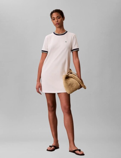 Calvin Klein Jeans Ss Ctn Monogram Stripe Trim Mini   Cream   XS