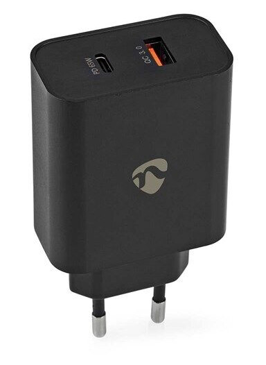 Nedis 65W Hurtiglader USB-vegglader Sort med 2 Utganger Nedis 65W Hurtiglader USB-vegglader Sort med 2 Utganger