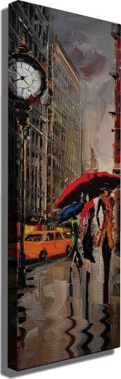 Lerretsbilde 30x80 cm Livlig byscene med folk som går under paraplyer i regnet Rød / Gul / Grå