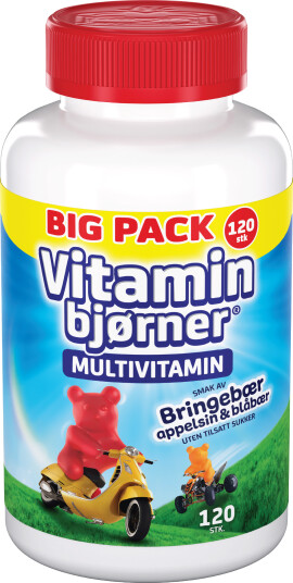 Vitaminbjørner Multivitamin Tyggbare bjørner Big Pack Bringebær. appelsin & blåbær 120 stk.