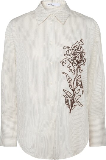 Mango Flower Embroidered Striped Shirt   NATURAL WHITE   S