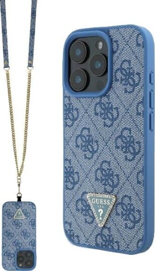 Guess Lær Crossbody-etui med Metallogo og Strass for iPhone 16 Pro - Blå