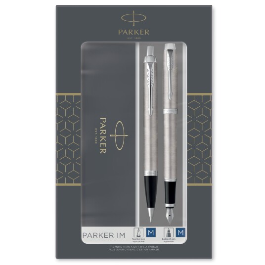 Parker IM Duo Gift Set with Ballpoint Pen & Fountain Pen  Stainless Steel Chrome Trim  Blå Ink Refill & Cartridge  Gift Packaging