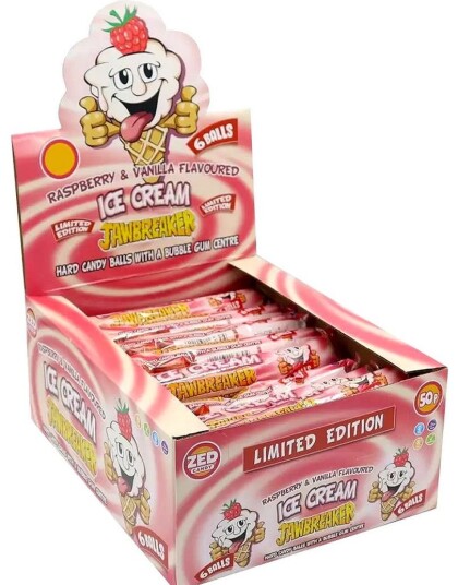 24 stk 6 pk Zed Ice Cream Jawbreaker med Bringebær og Vaniljesmak og Tyggegummikjerne   Hel Eske 1,18 kg
