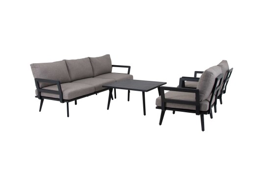 Brafab Villac soffgrupp Svart med beige dyna 3 sitssoffa 2 st fåtöljer & soffbord