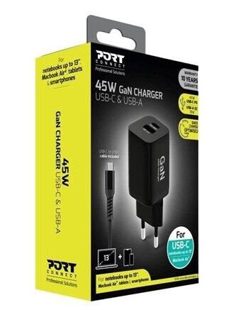 PORT Designs PORT Connect power adapter - GaN technology - USB Type A 24 pin USB-C - 45 Watt