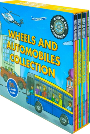 Wheels and Automobiles Collection 12 Amazing Books Set (Hustling and Bustling Machines, Boats, Buses, Cars, Submarines, Trains, Trucks, Planes, Cranes, Tractors, Diggers, Rockets, Helicop