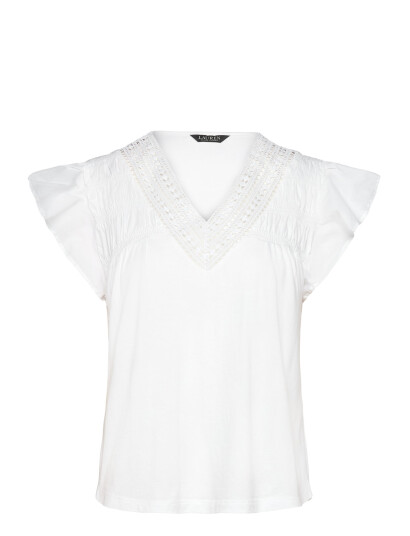 Lauren Ralph Lauren Lace-Trim Jersey Flutter-Sleeve Tee - White - S