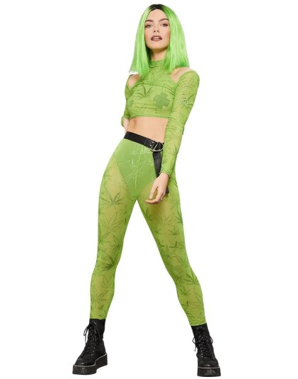 Gjennomsiktige Grønne Crop Top og Leggings med Glitrende Cannabis Blader Small Gjennomsiktige Grønne Crop Top og Leggings med Glitrende Cannabis Blader Small