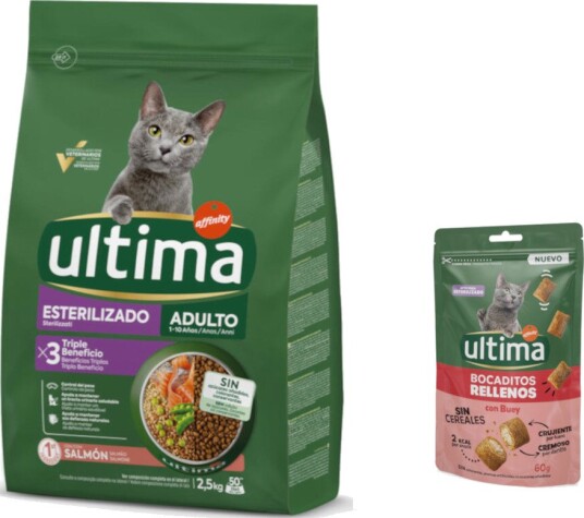 Affinity Ultima tørrfôr Adult Ultima tørrfôr + Snacks godbiter fylte med på kjøpet Sterilised laks okse 2.5 kg 60 g