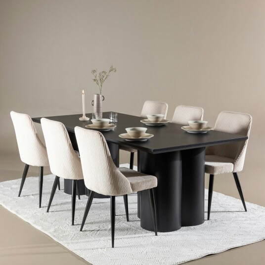 Olivia Spisegruppe 210 cm Rektangulær med 6 Leone stoler - Sort/Beige