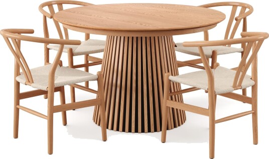 Peyra spisegruppe uttrekkbar rund 120–220 cm eik med 4 Dastoori spisestoler Eik