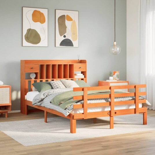 Seng med bokhylle uten madrass voksbrun 140x190 cm heltre furu 8721158615978