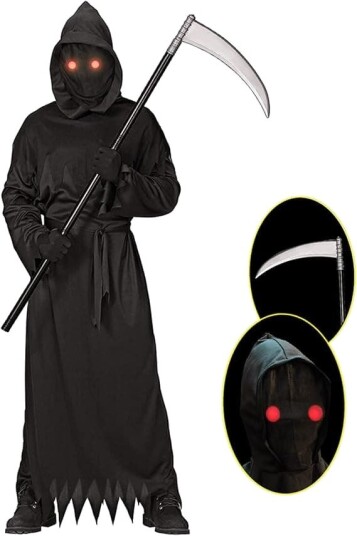 Halloween Dødskostyme med Lysende Røde Øyne, Briller og Ljå S