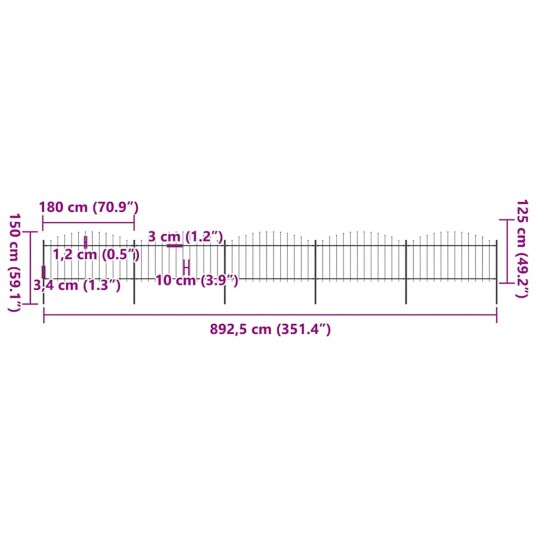 vidaXL Hagegjerde med spydtopp stål 1,25 1,5x8,5 m svart