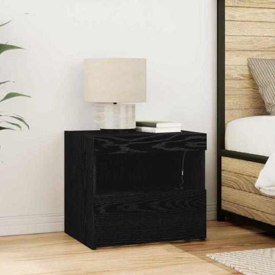  Nattbord med LED lamper Svart Eik 50x40x45 cm
