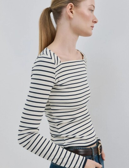 Mango Cotton Boat Neck T Shirt Navy S