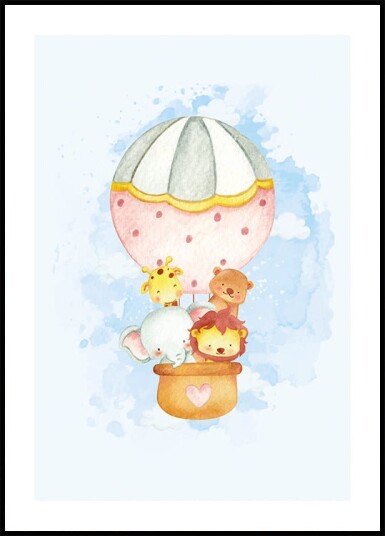 Watercolor Animals in Hot Air Balloon Plakat Plakat / 50x70cm