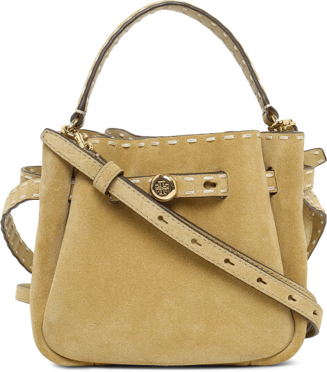Tory Burch Romy Suede Pick Stitch Mini Bucket Bag Beige ONE SIZE