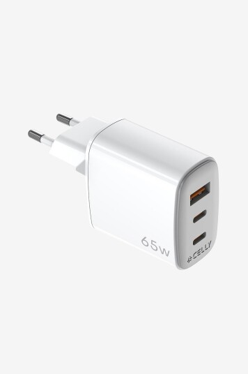 Celly GaN USB-lader med 1 x USB-A + 2 x USB-C PD 65W - Hvit Celly GaN USB-lader med 1 x USB-A + 2 x USB-C PD 65W - Hvit