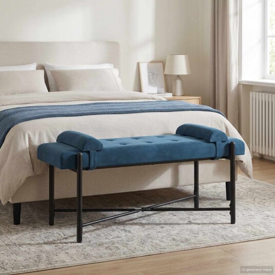 vidaXL Knappet tuftet benk med puter Blå 110 x 40 x 46 cm Fløyel