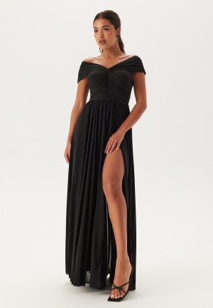 Goddiva Bardot Rouched Maxi Split Dress Black XS UK8