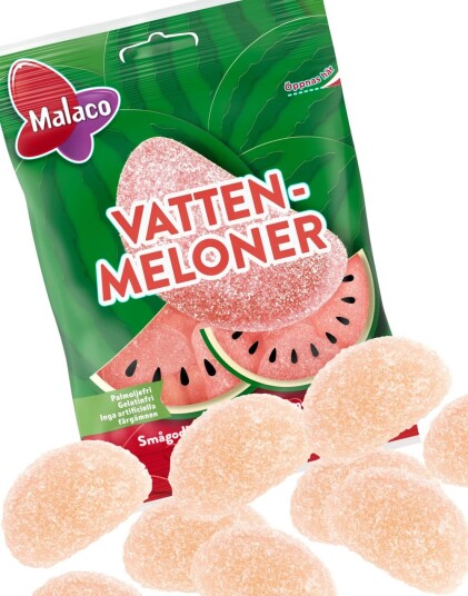 Malaco Vannmeloner   Syrlige og Søte Vingummibiter 90 gram