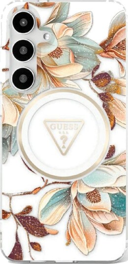 Guess HC Glitter Deksel for Samsung Galaxy S25 Ultra MagSafe Kompatibel Hvit med blomster