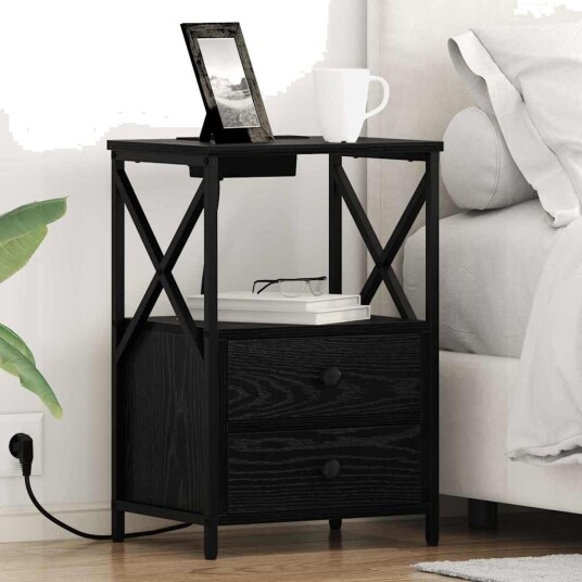 Nattbord med ladestasjon 2 pcs Svart eik Konstruert tre Nattbord med ladestasjon 2 pcs Svart eik Konstruert tre