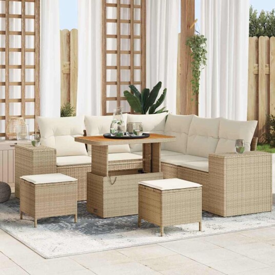 8 Delers Hagesofa med Puter i Beige Polyester og Rattan fra Akasie