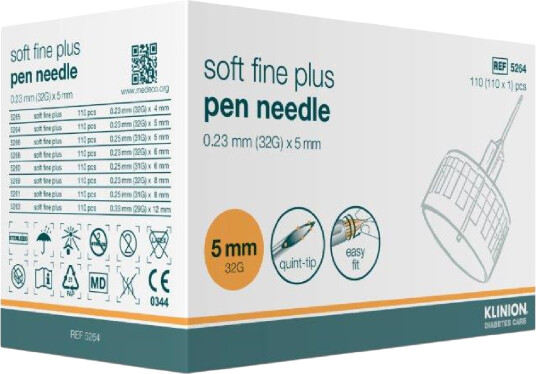 Klinion Soft Fine Plus pennekanyle 0,23 mm 32G x 5 mm 110 stk Klinion Soft Fine Plus pennekanyle 0,23 mm 32G x 5 mm 110 stk