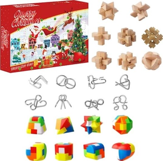 Julekalender 2025 Puslespill Adventskalender 24 Dager Trepuslespill Metallpuslespill og Plastpuslespill Hjernegymnastikk for Barn Tenåringer Voksne & Julegave