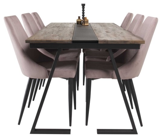 Venture Design Jakarta & Leone spisegruppe Natur/rosa 6 st stoler & bord 200 x 90 cm