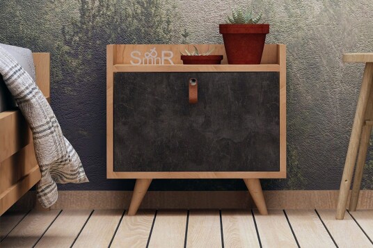 Mod Design Nattbord 50 cm med Oppbevaring Skap Lærbeslag - Grå/Tre