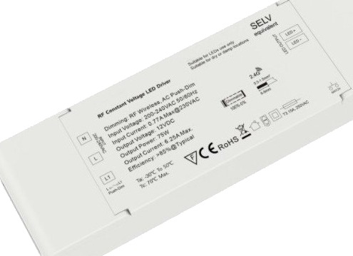 Ledlife 75W / 12V DC dimbar strømforsyning 6.25A RF push dim Ledlife 75W / 12V DC dimbar strømforsyning 6.25A RF push dim