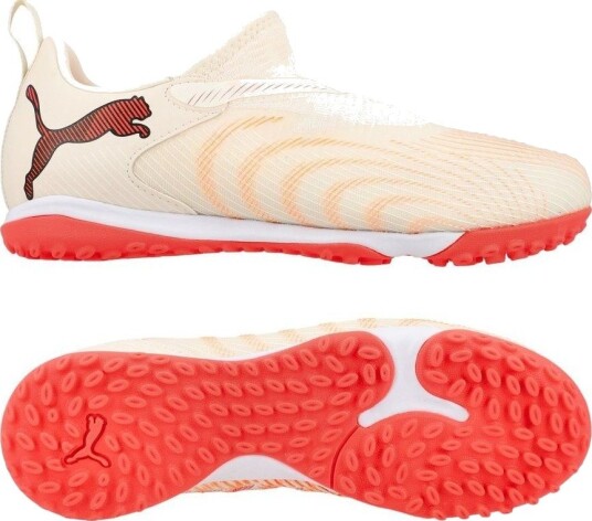 PUMA Future 9 Match Laceless + Mid TT The Arrival   Sukkermandel/PUMA White/Ultra Red/PUMA Svart Barn   Turf (TF) størrelse 34