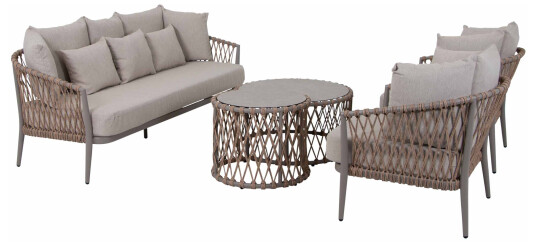 Selected Exclusive Lerkil sofagruppe Kaki/natur med taupe pute 3 seters sofa 2 lenestoler og bord 51 x H40 & 71 x H40 cm Beige