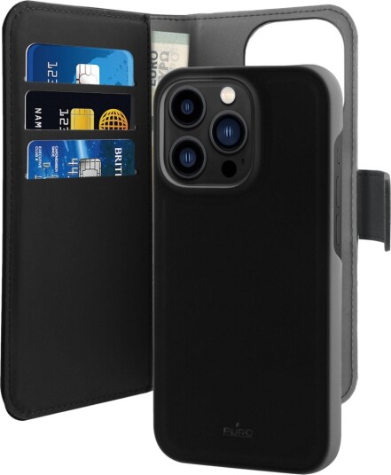 Puro 2-i-1 Magnetisk Lommebok-Deksel til iPhone 14 Pro Svart - Eco-lær