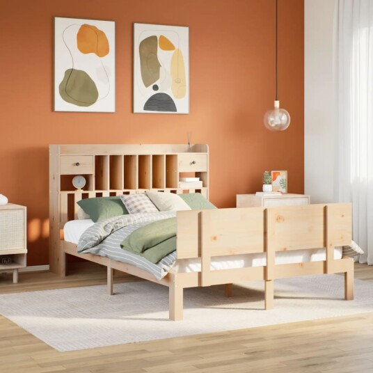 Seng med bokhylle uten madrass 140x200 cm heltre furu 8721158614797