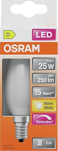 Osram led lyspære e14 classic b25 250lm matt dimbar varmhvit