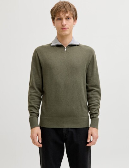 JJ REBEL Jrebbeaton Knit Half Zip   Khaki green   L