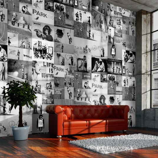 Fototapet Banksy Grey Collage 50x1000 - Artgeist sp. z o. o.