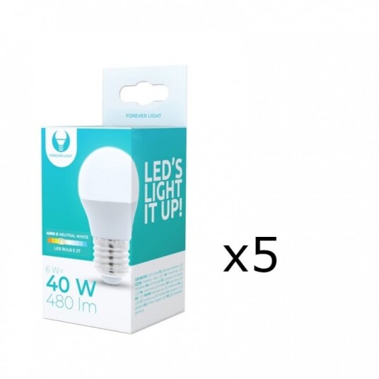 LED-lampe E27 G45 6W 4500K 5-pakning hvit nøytral
