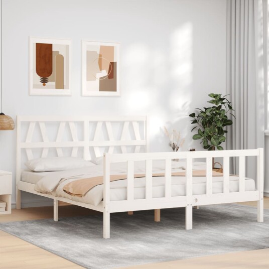 vidaXL Sengeramme med hodegavl hvit 5FT King Size heltre