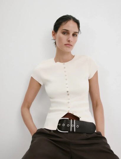 Mango Buttons Detail Knit Sweater Cream L