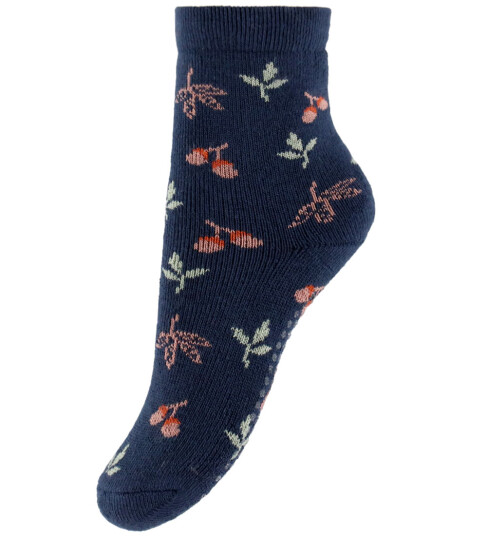Melton Sokker m. Anti Skli Maple Navy m. Kirsebær 17/19 Sokker Blå