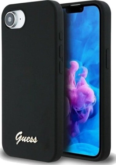 GUESS Silicone Script Metal Logo MagSafe iPhone 16e Case - Black